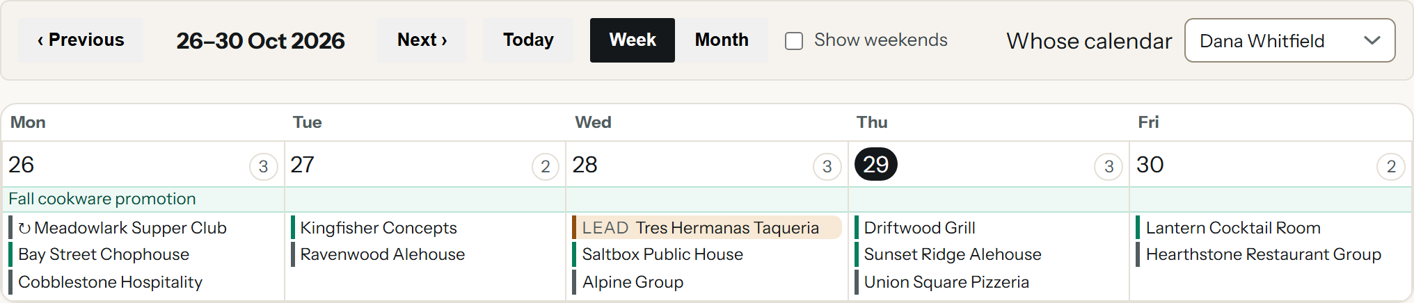 A rep’s week on the sales calendar, Monday to Friday: a promotion across the week, two or three accounts booked each day, a repeating call and a prospect marked as a lead.
