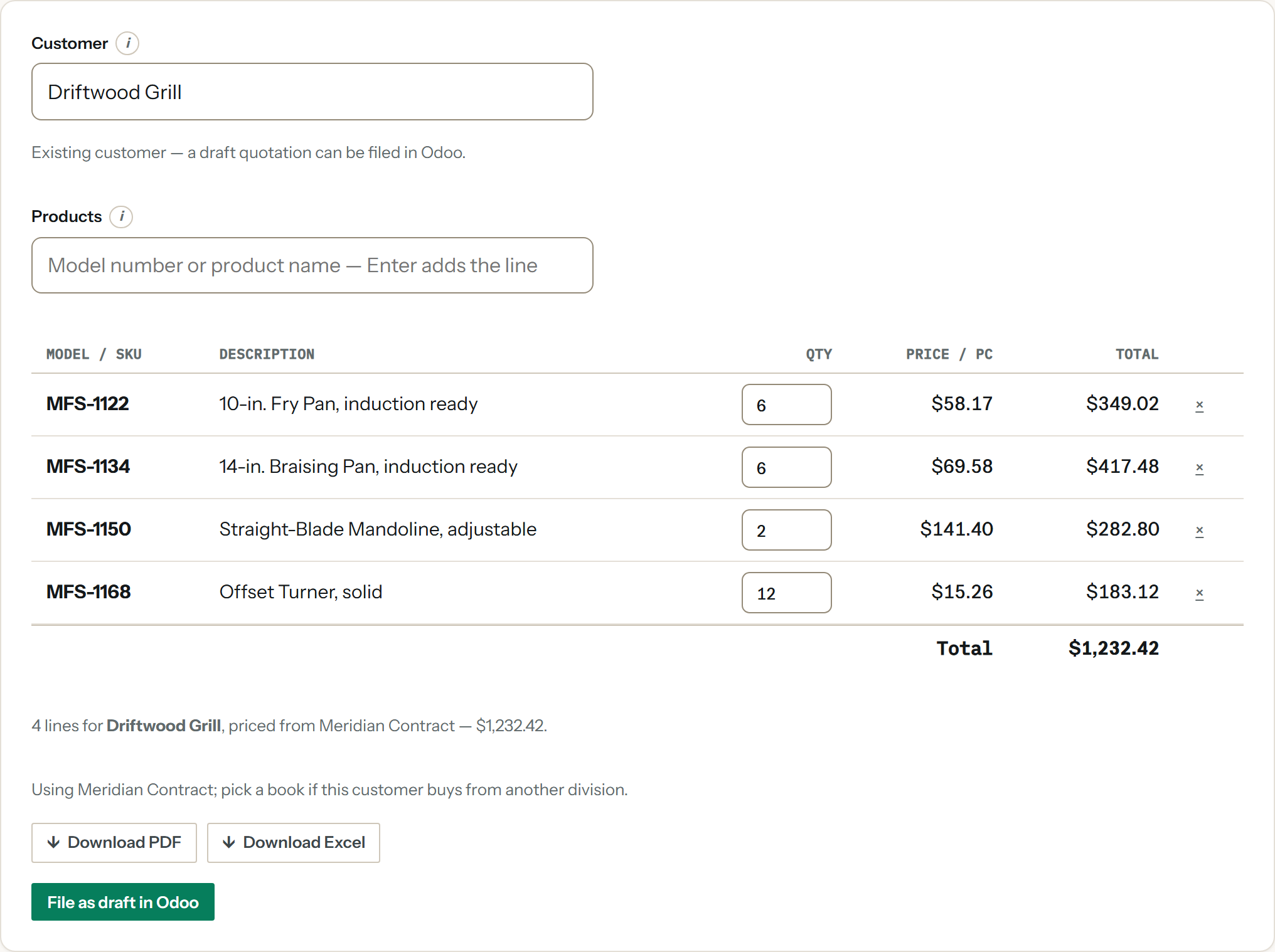 The quote builder with four products for one restaurant, priced from its contract pricelist at the quantities ordered, a total, and buttons to download the quote or file it in Odoo.